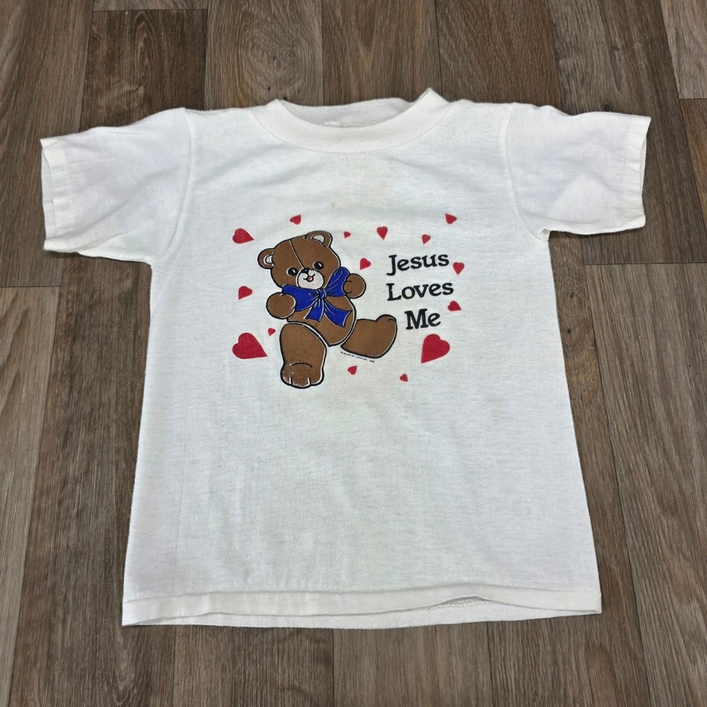 Vintage 1988 Jesus Loves Me Teddy Bear Kids T Shirt Size 5/6 USA Made
